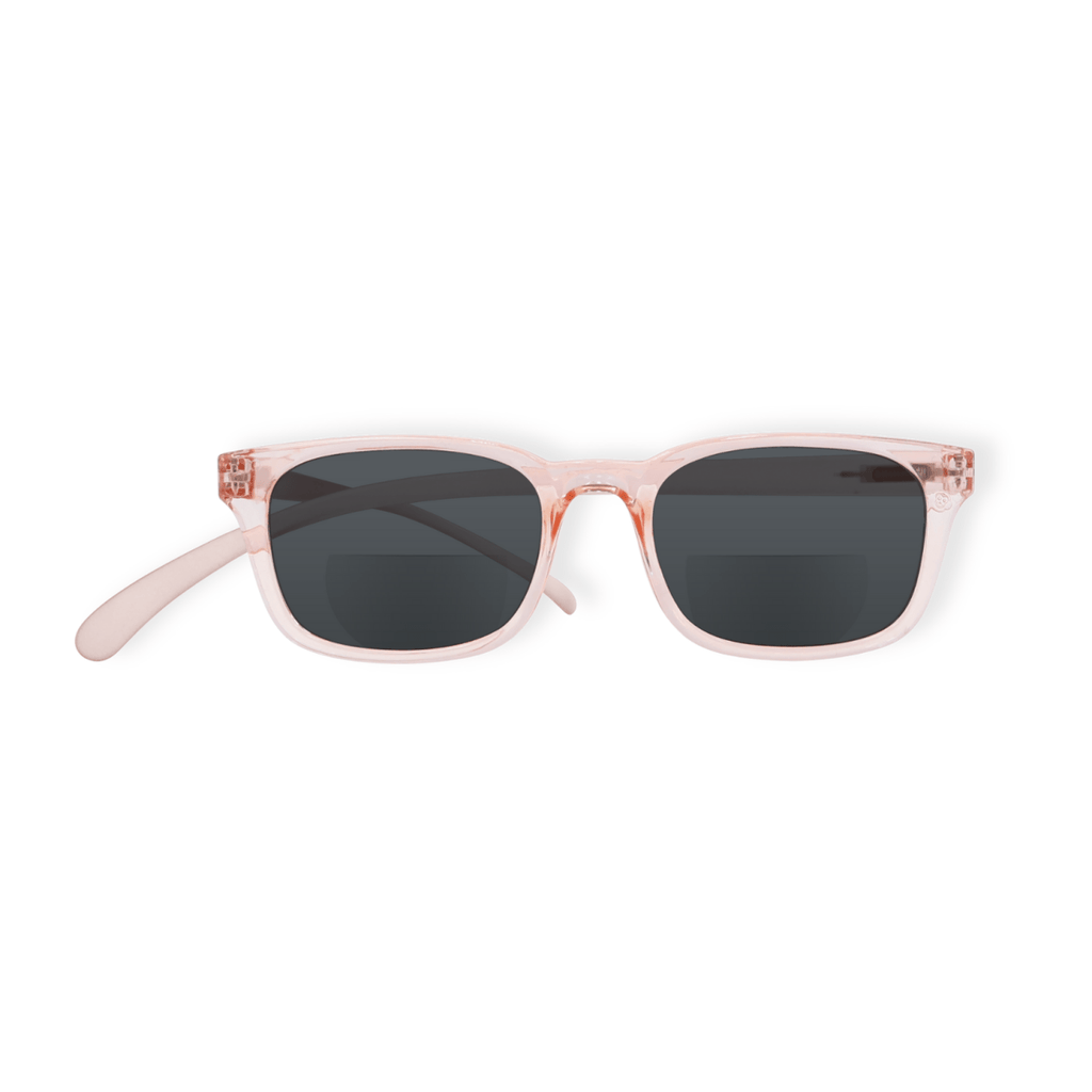 Klammeraffe No.11 bifocal reading sunglasses in pearl rosé color on a white background, design for women with longer temples.