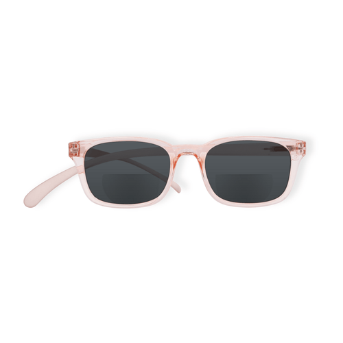 Klammeraffe No.11 bifocal reading sunglasses in pearl rosé color on a white background, design for women with longer temples.