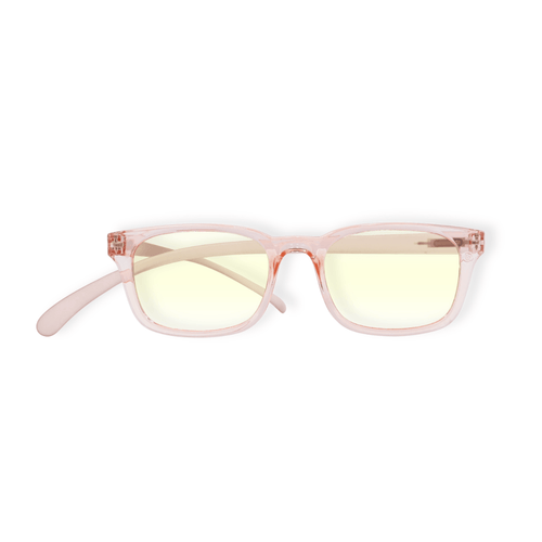 Klammeraffe No.11 blue light reading glasses in pearl rosé color on a white background, women design with longer temples.
