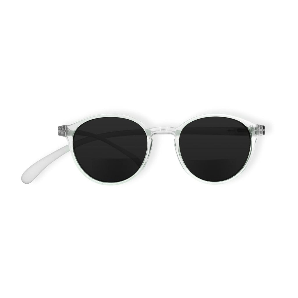 Klammeraffe No.12 bifocal reading sunglasses in crystal color on a white background, unisex design with longer temples.