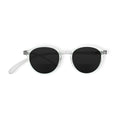 Klammeraffe No.12 bifocal reading sunglasses in crystal color on a white background, unisex design with longer temples.