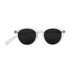Klammeraffe No.12 bifocal reading sunglasses in crystal color on a white background, unisex design with longer temples.