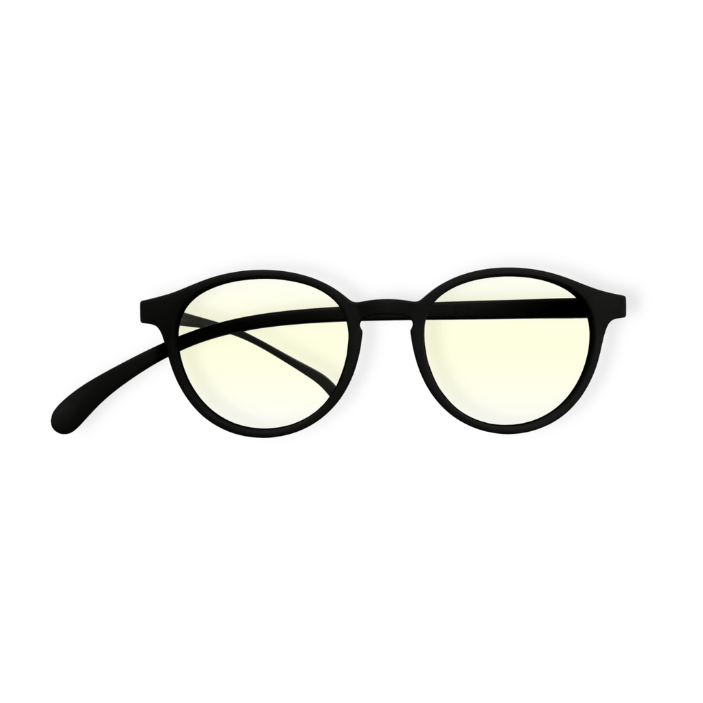 Klammeraffe No.12 blue light reading glasses in black color on a white background, unisex design with longer temples.