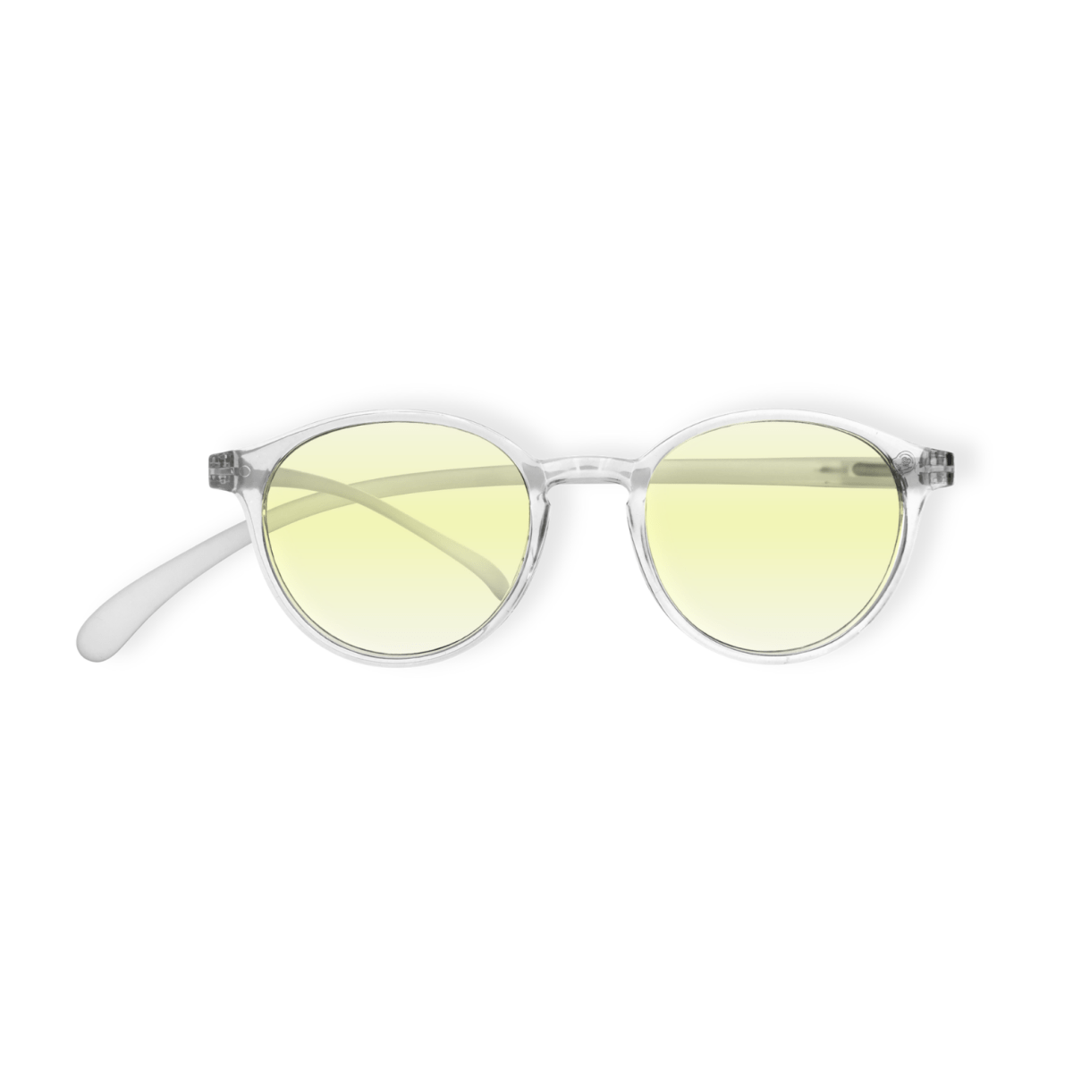 Klammeraffe No.12 blue light glasses in crystal color on a white background, unisex design with longer temples.