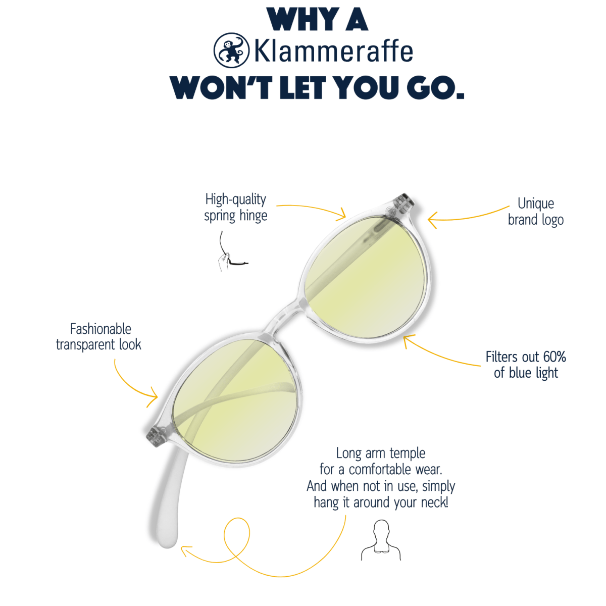 Klammeraffe No.12 blue light glasses with arrows highlighting blue light lenses, longer temples and design features