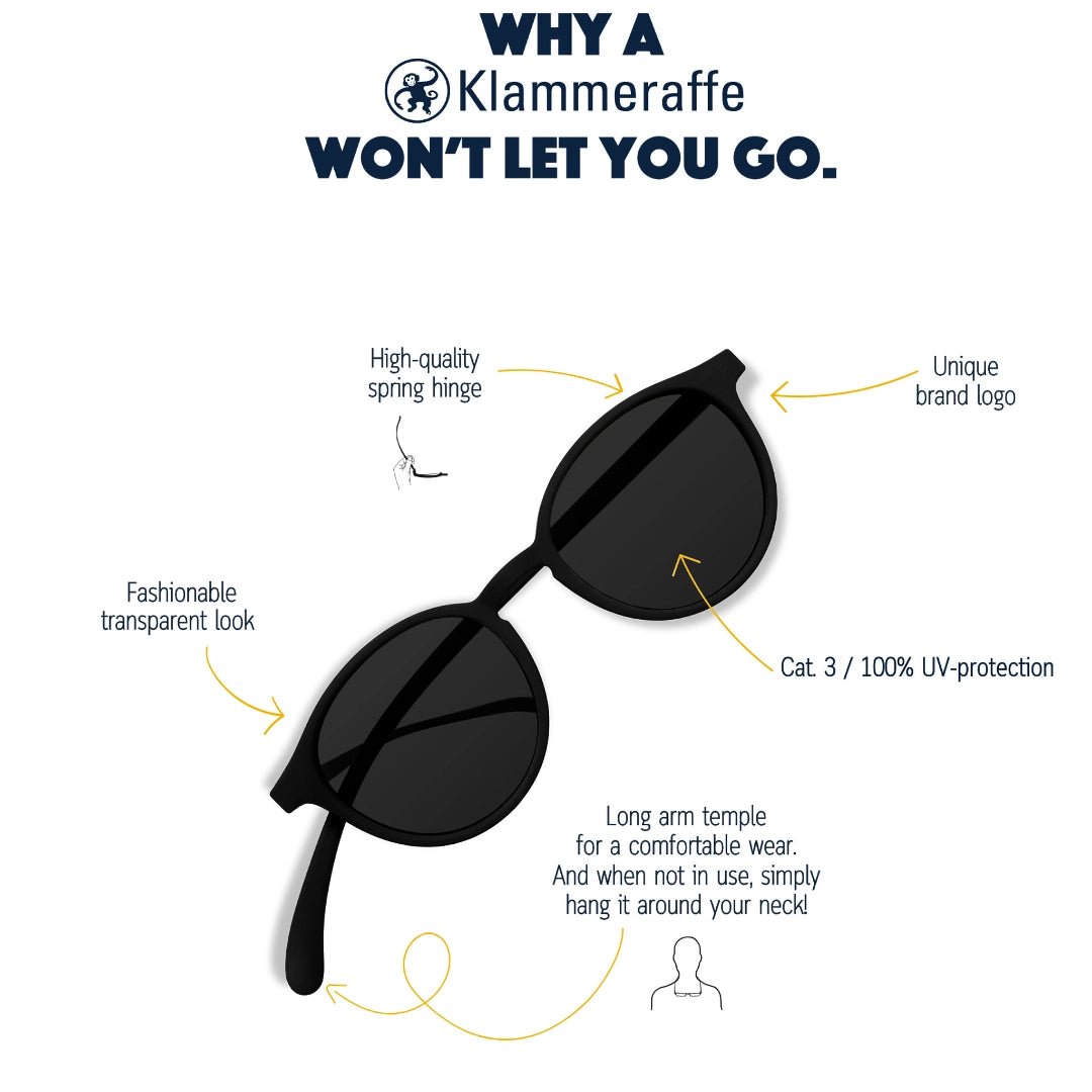 Klammeraffe No.12 reading sunglasses with arrows highlighting sun lenses, longer temples and design features.