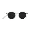 Klammeraffe No.12 reading sunglasses in crystal color on a white background, unisex design with longer temples.
