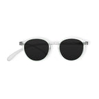 Klammeraffe No.12 reading sunglasses in crystal color on a white background, unisex design with longer temples.