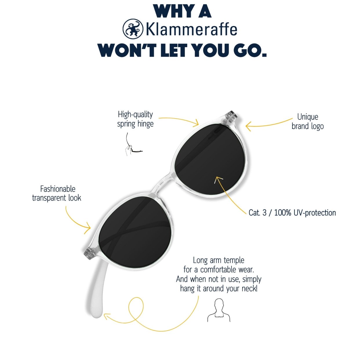 Klammeraffe No.12 sunglasses with arrows highlighting sun lenses, longer temples and design features.