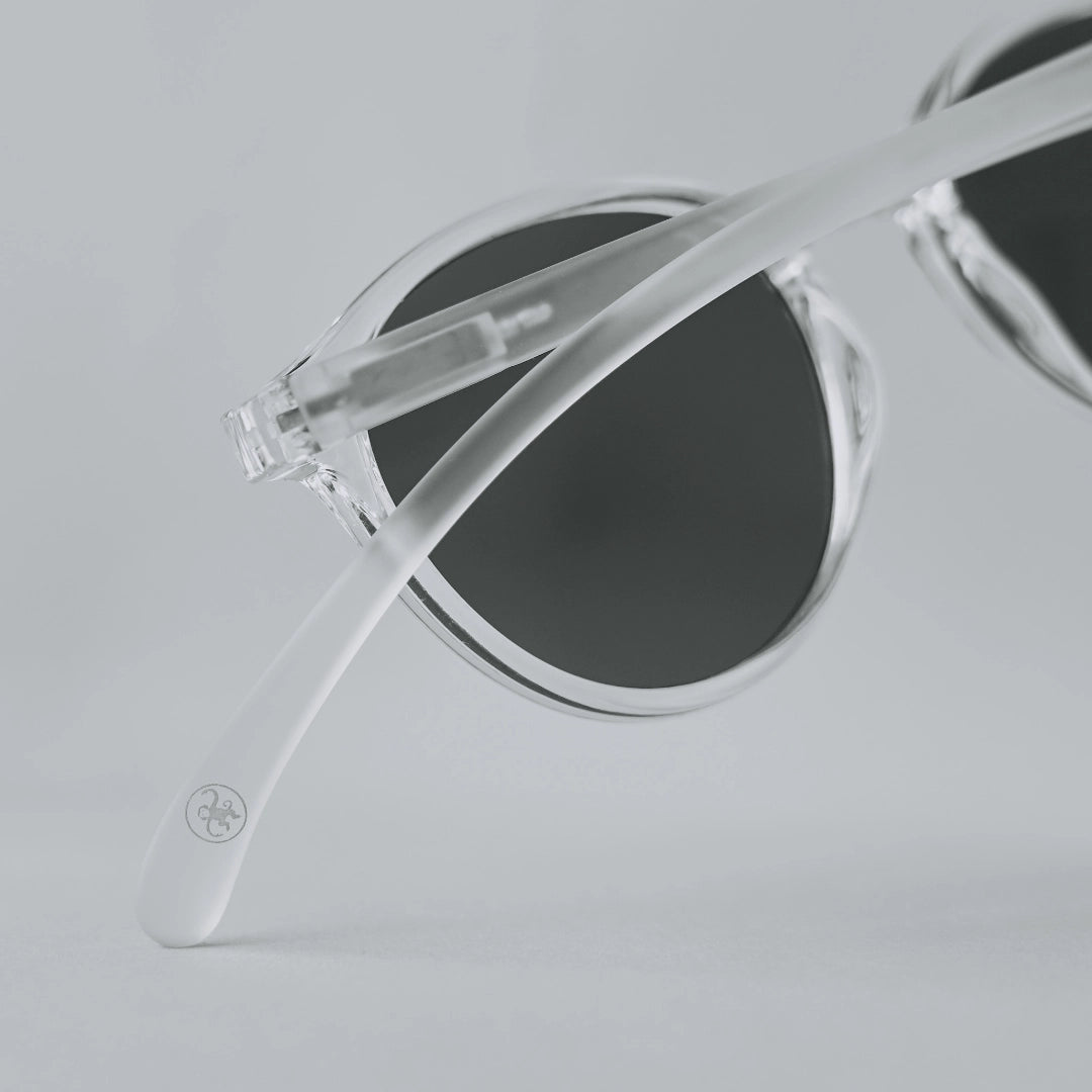 Klammeraffe No.12 sunglasses in crystal with longer temples from the backside on a gray background.