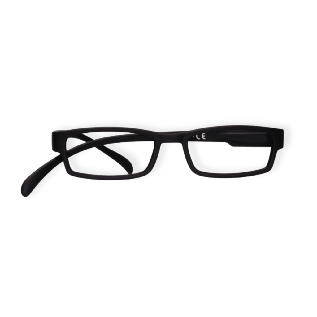 Klammeraffe No.01 reading glasses in black color on a white background, unisex design with longer temples.